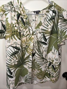Hilary Radley Olive Green Palm Print V-Neck Blouse